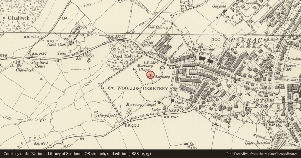 Ordnance Survey six-inch map, 2nd edition (1888–1913) covering the location of Former Mortuary Chapel at St Woolos Cemetery, Allt-yr-Yn, Newport, with a pin at the register's coordinates