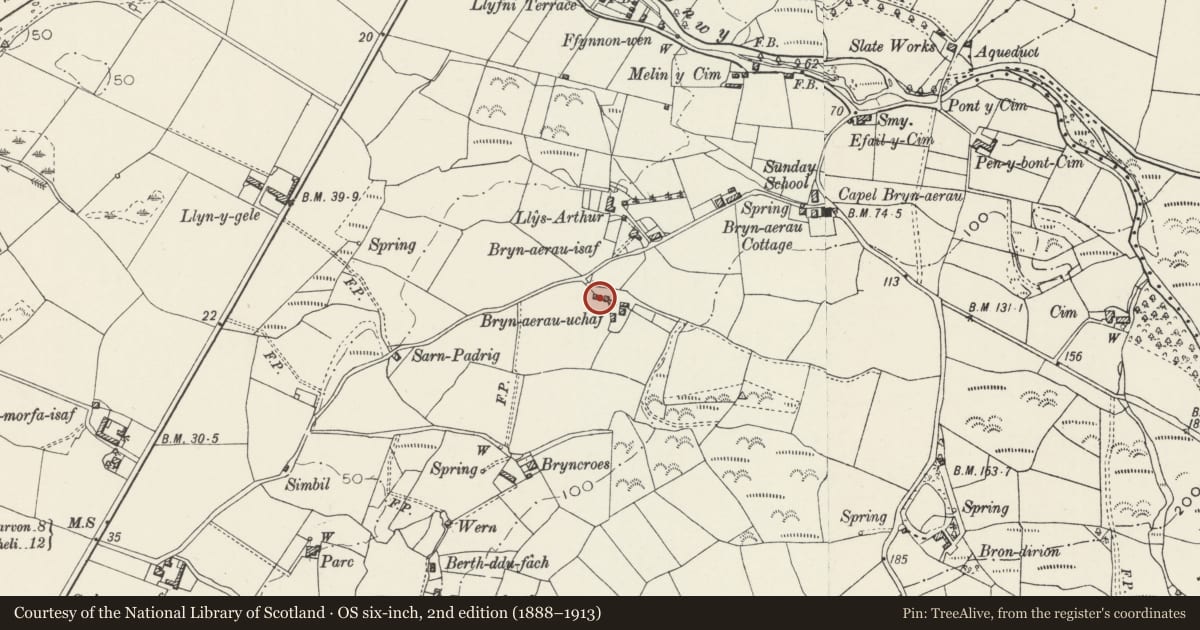 Ordnance Survey six-inch map, 2nd edition (1888–1913) covering the location of Brynaerau uchaf, Clynnog, Gwynedd, with a pin at the register's coordinates