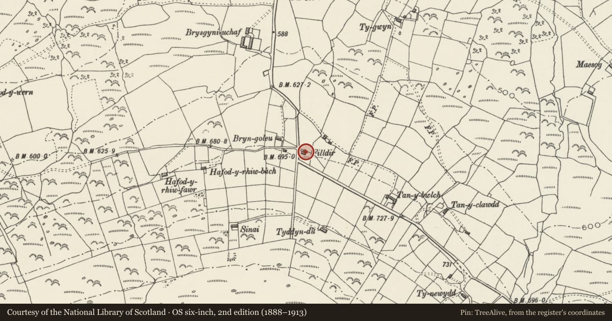 Ordnance Survey six-inch map, 2nd edition (1888–1913) covering the location of Filldir, Clynnog, Gwynedd, with a pin at the register's coordinates