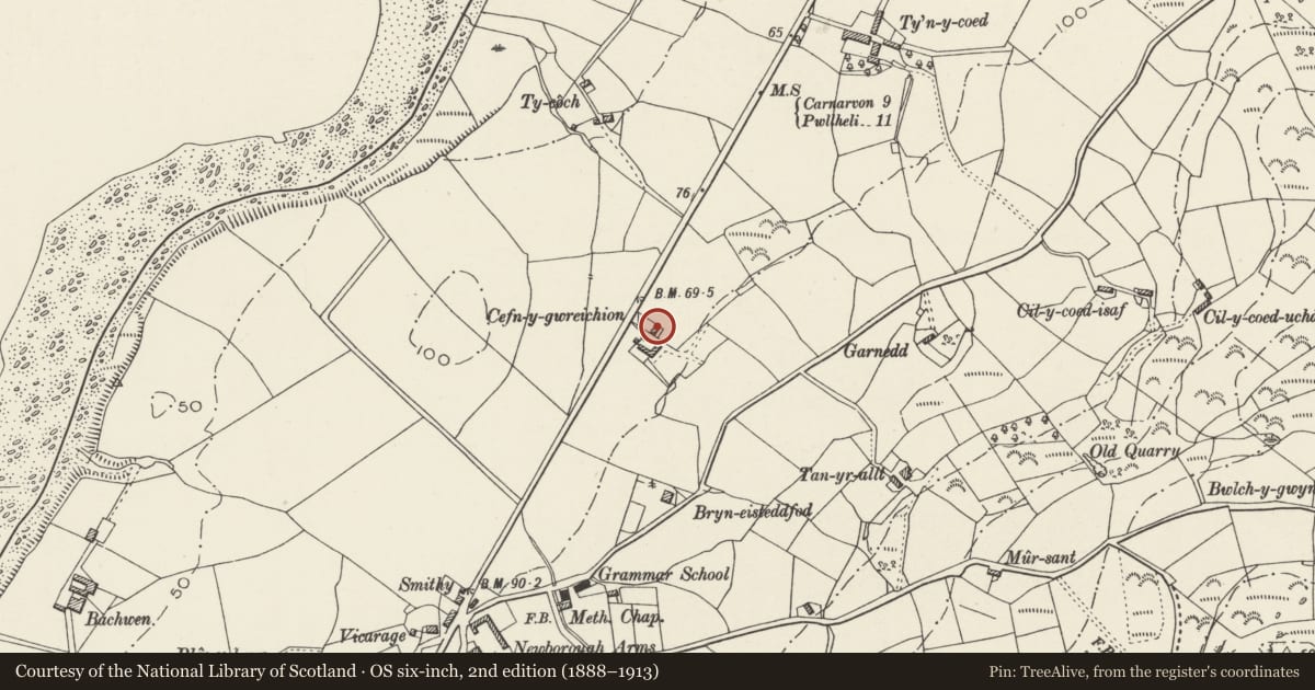 Ordnance Survey six-inch map, 2nd edition (1888–1913) covering the location of Cefngwreichion, Clynnog, Gwynedd, with a pin at the register's coordinates