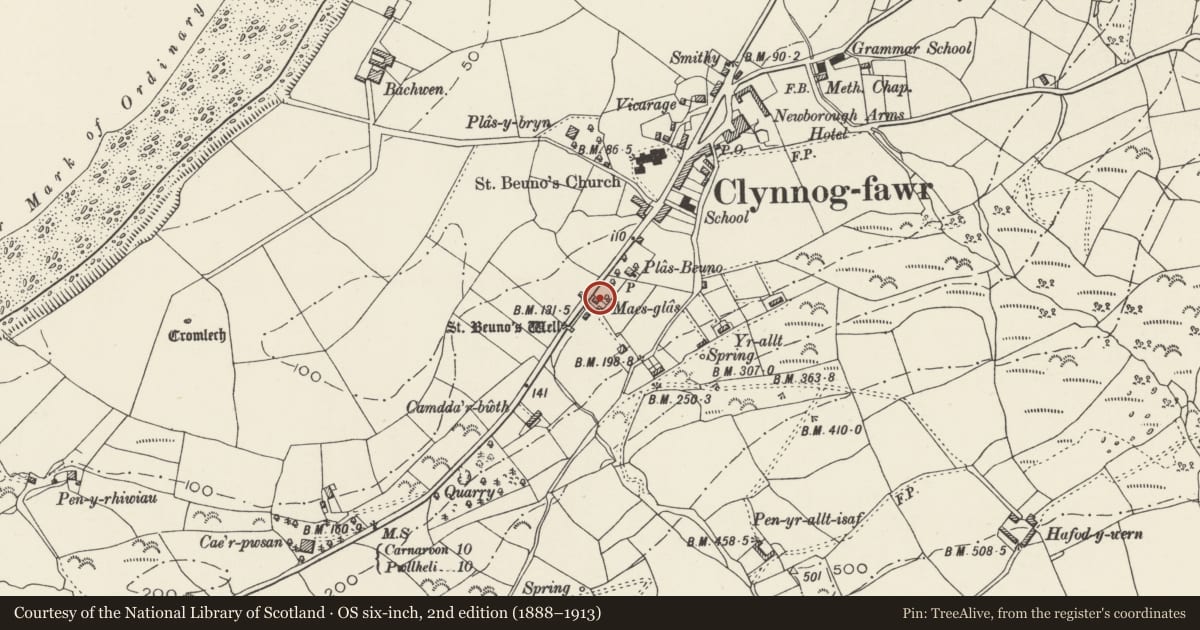 Ordnance Survey six-inch map, 2nd edition (1888–1913) covering the location of Maes-glas, Clynnog, Gwynedd, with a pin at the register's coordinates
