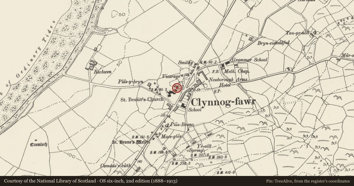 Ordnance Survey six-inch map, 2nd edition (1888–1913) covering the location of Tomb of Eben Fardd, Clynnog, Gwynedd, with a pin at the register's coordinates