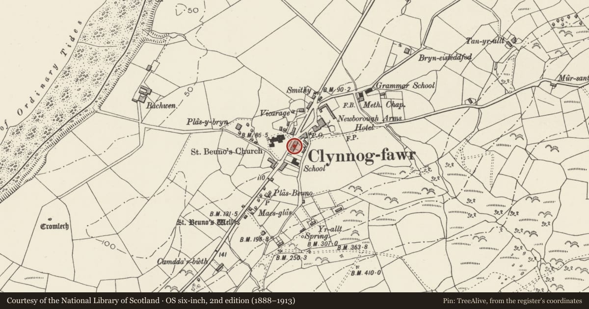 Ordnance Survey six-inch map, 2nd edition (1888–1913) covering the location of Bod Cybi, Clynnog, Gwynedd, with a pin at the register's coordinates