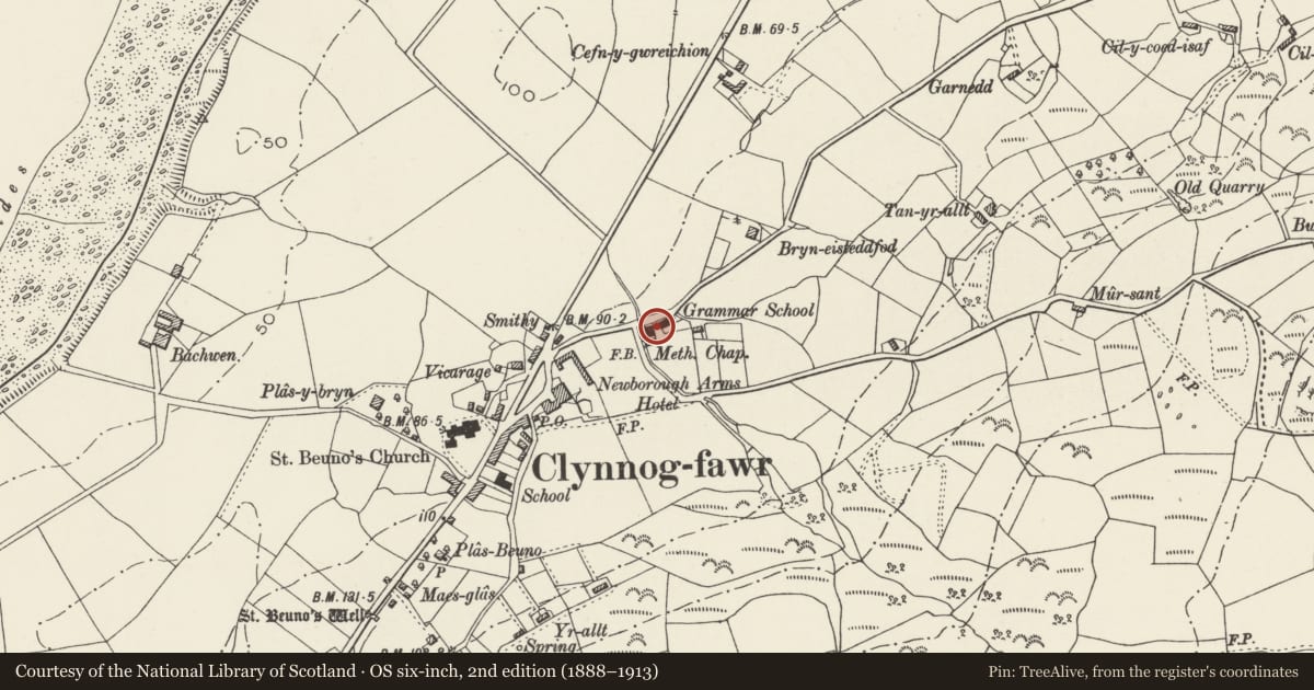 Ordnance Survey six-inch map, 2nd edition (1888–1913) covering the location of Capel Ebenezer, Clynnog, Gwynedd, with a pin at the register's coordinates