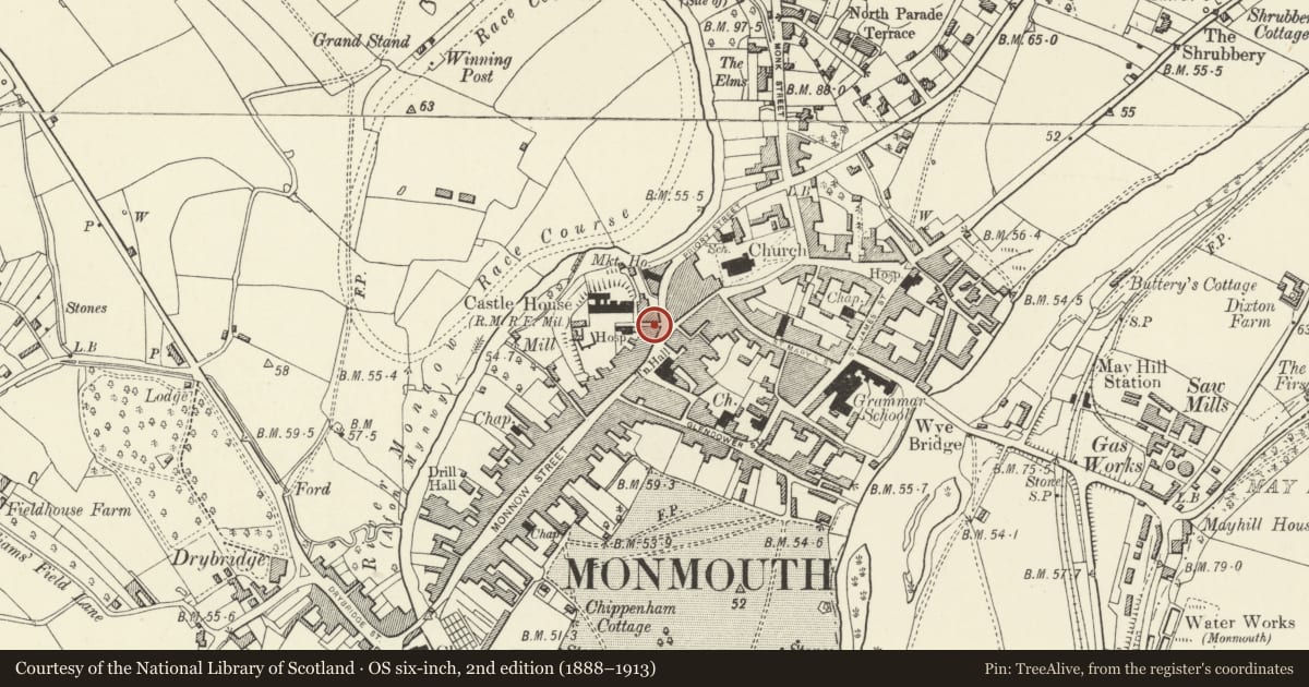 Ordnance Survey six-inch map, 2nd edition (1888–1913) covering the location of Ruby Tuesday, Monmouth, Monmouthshire, with a pin at the register's coordinates