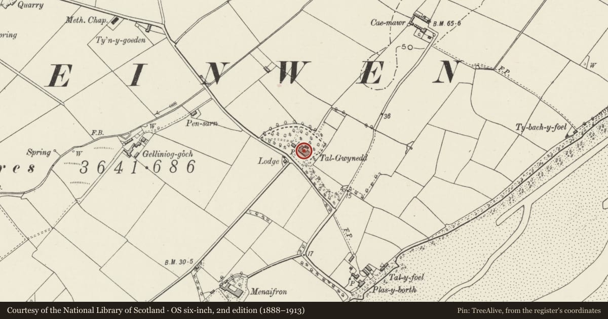 Ordnance Survey six-inch map, 2nd edition (1888–1913) covering the location of Talgwynedd, Rhosyr, Isle of Anglesey, with a pin at the register's coordinates