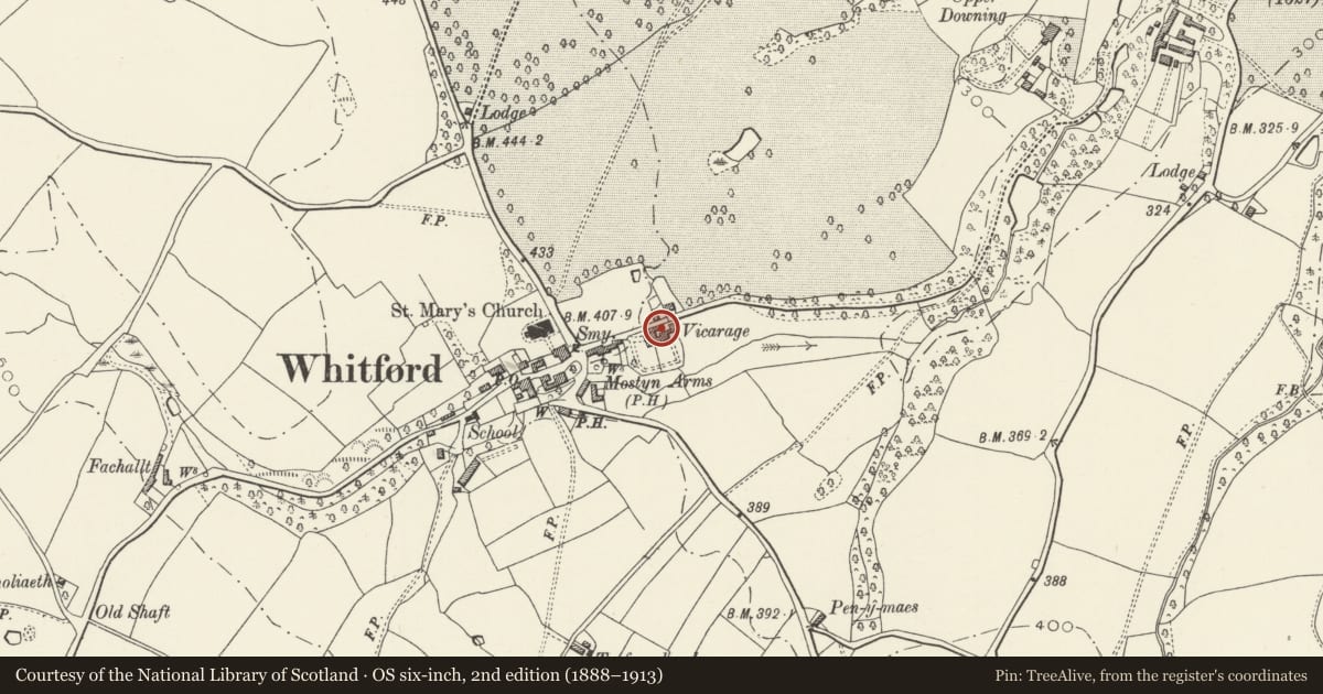 Ordnance Survey six-inch map, 2nd edition (1888–1913) covering the location of Range of Outbuildings on N side of yard of Llys Mair, Whitford, Flintshire, with a pin at the register's coordinates
