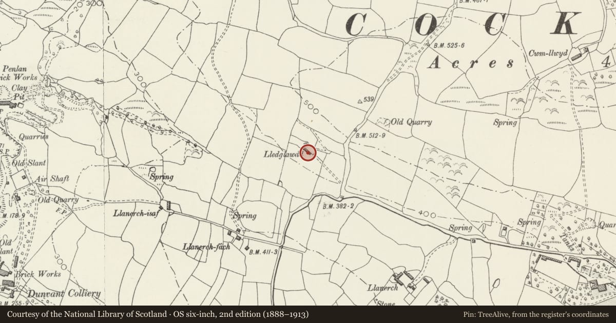 Ordnance Survey six-inch map, 2nd edition (1888–1913) covering the location of Farm Building at Lledglawdd, Killay, Swansea, with a pin at the register's coordinates