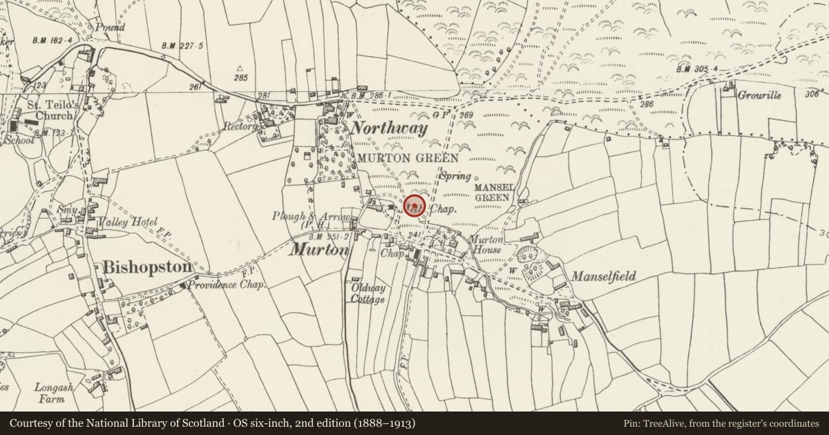 Ordnance Survey six-inch map, 2nd edition (1888–1913) covering the location of Murton Well, Bishopston, Swansea, with a pin at the register's coordinates