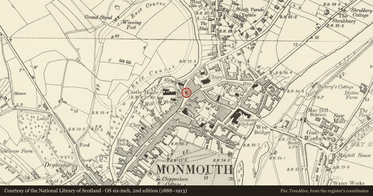 Ordnance Survey six-inch map, 2nd edition (1888–1913) covering the location of 26 Agincourt Square, Monmouth, Monmouthshire, with a pin at the register's coordinates