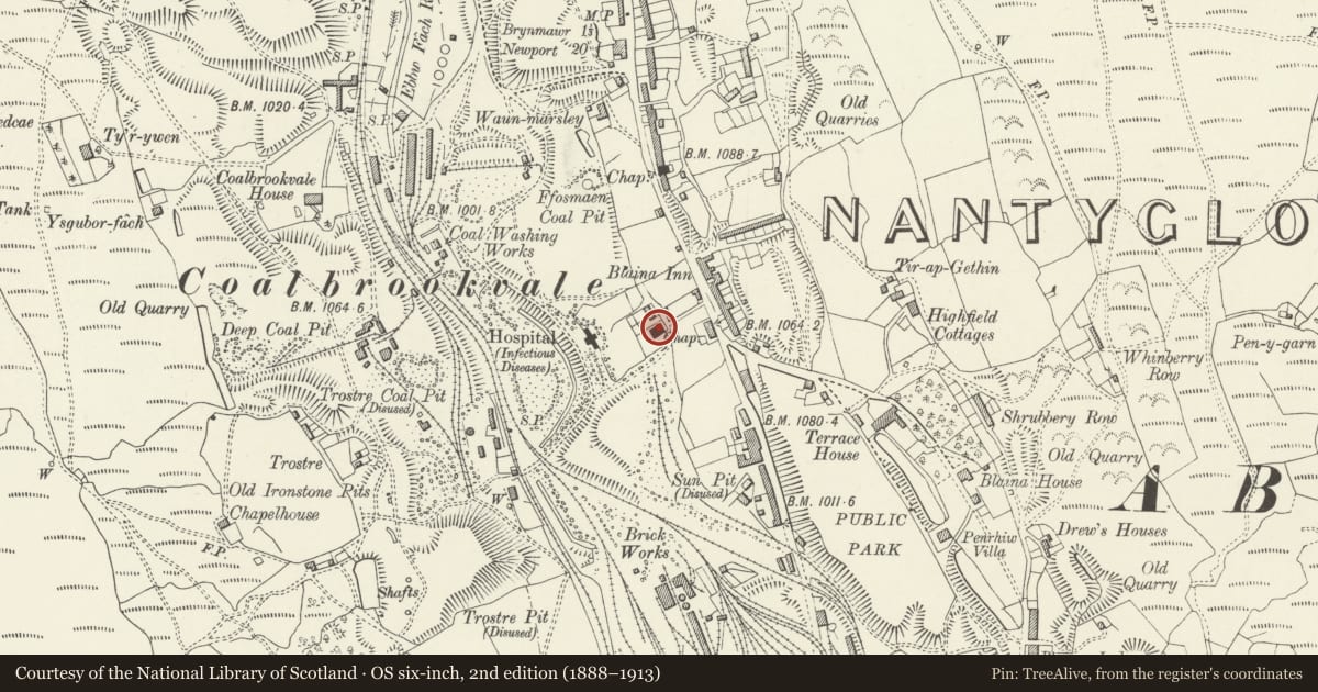 Ordnance Survey six-inch map, 2nd edition (1888–1913) covering the location of Berea United Reformed Chapel, including gates and railings, Nantyglo and Blaina, Blaenau Gwent, with a pin at the register's coordinates