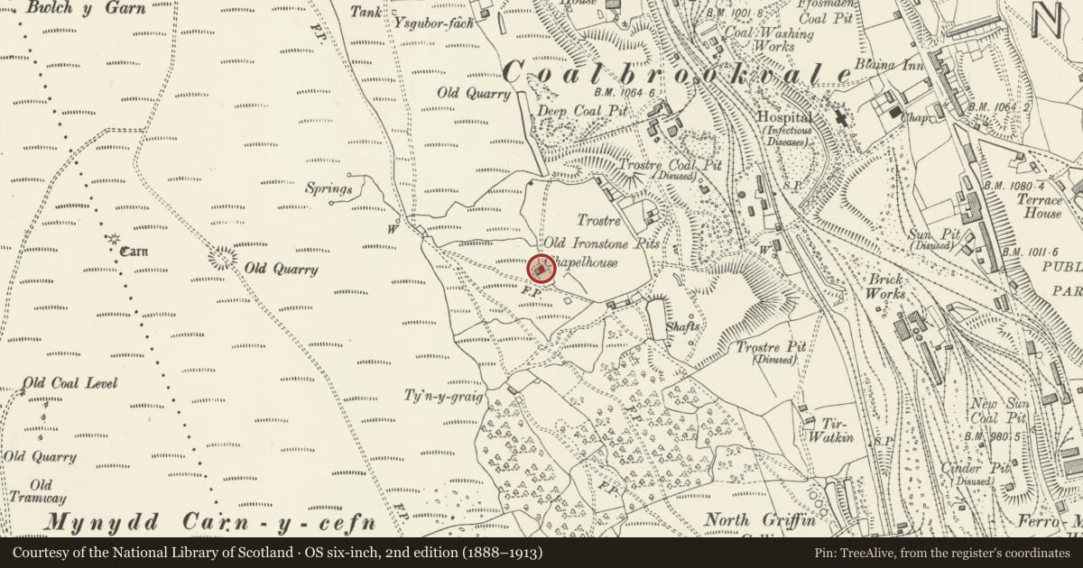 Ordnance Survey six-inch map, 2nd edition (1888–1913) covering the location of Chapel Farm, Nantyglo and Blaina, Blaenau Gwent, with a pin at the register's coordinates