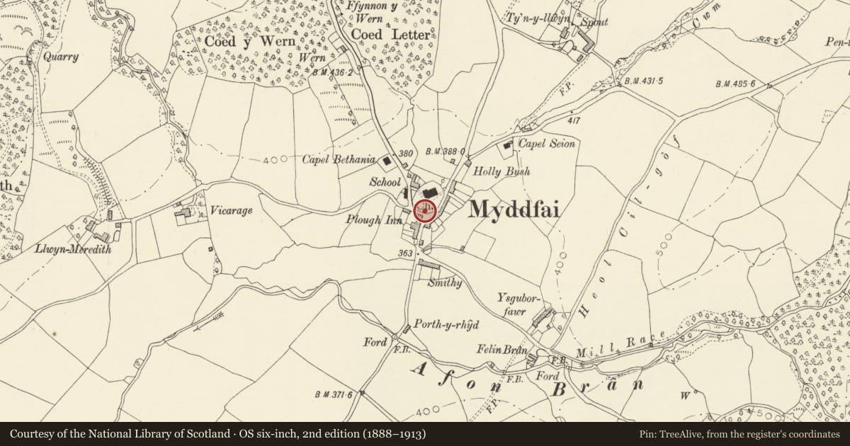 Ordnance Survey six-inch map, 2nd edition (1888–1913) covering the location of Churchyard wall, gates and war memorial at Church of St Michael, Myddfai, Carmarthenshire, with a pin at the register's coordinates