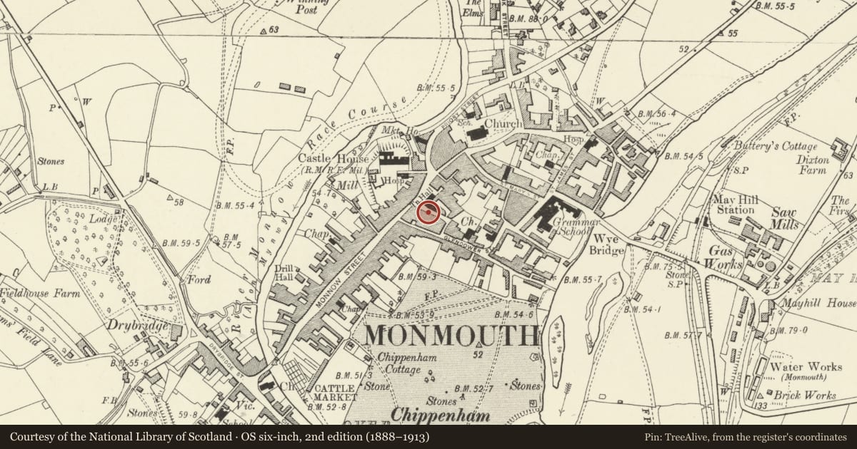 Ordnance Survey six-inch map, 2nd edition (1888–1913) covering the location of 1 Agincourt Street, Monmouth, Monmouthshire, with a pin at the register's coordinates
