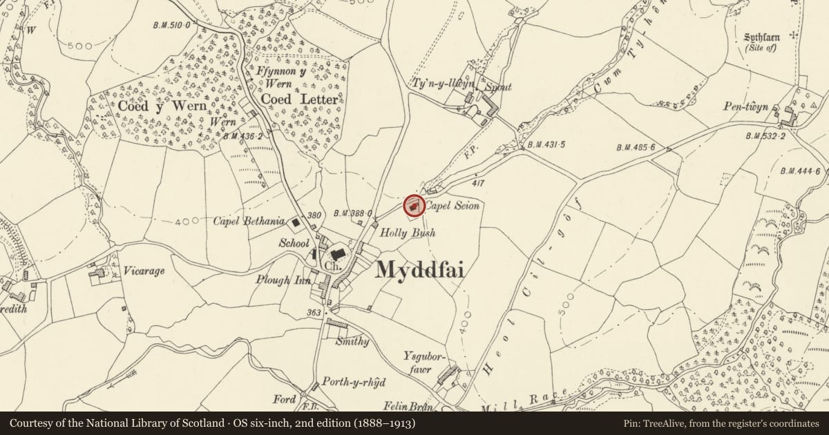 Ordnance Survey six-inch map, 2nd edition (1888–1913) covering the location of Capel Seion, Myddfai, Carmarthenshire, with a pin at the register's coordinates
