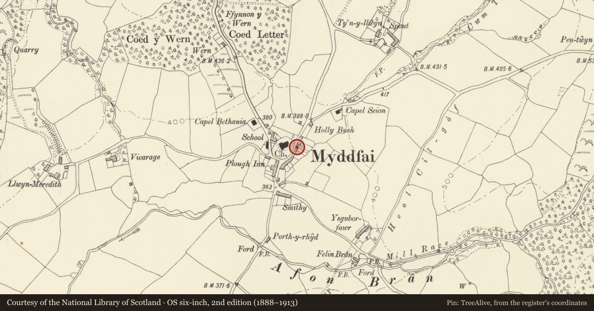Ordnance Survey six-inch map, 2nd edition (1888–1913) covering the location of Ty'r Graig, Myddfai, Carmarthenshire, with a pin at the register's coordinates