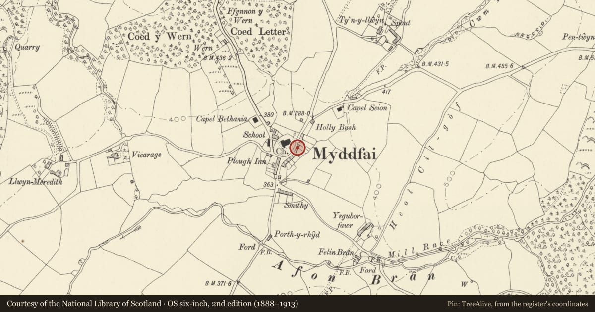 Ordnance Survey six-inch map, 2nd edition (1888–1913) covering the location of Bailey Glas, Myddfai, Carmarthenshire, with a pin at the register's coordinates