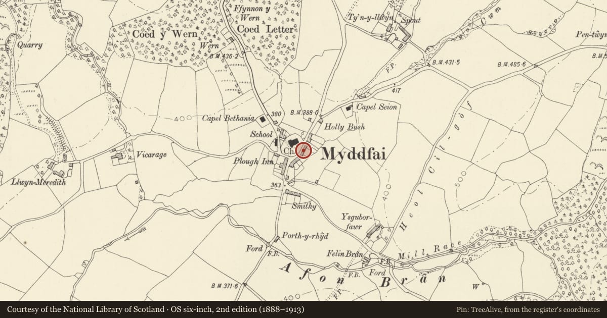 Ordnance Survey six-inch map, 2nd edition (1888–1913) covering the location of Ger y Lan, Myddfai, Carmarthenshire, with a pin at the register's coordinates