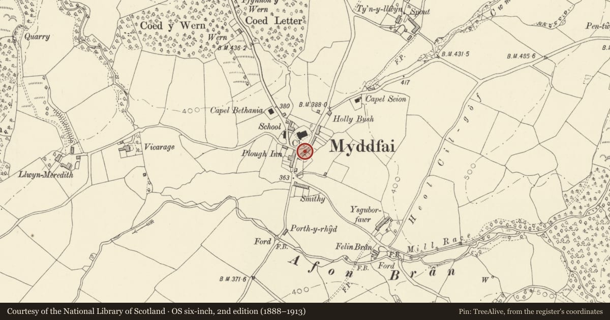 Ordnance Survey six-inch map, 2nd edition (1888–1913) covering the location of Church House, Myddfai, Carmarthenshire, with a pin at the register's coordinates