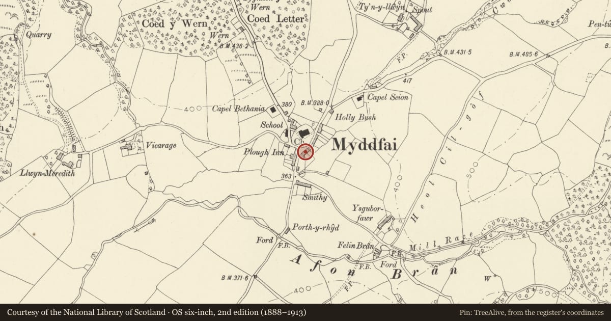 Ordnance Survey six-inch map, 2nd edition (1888–1913) covering the location of Old Post Office, Myddfai, Carmarthenshire, with a pin at the register's coordinates
