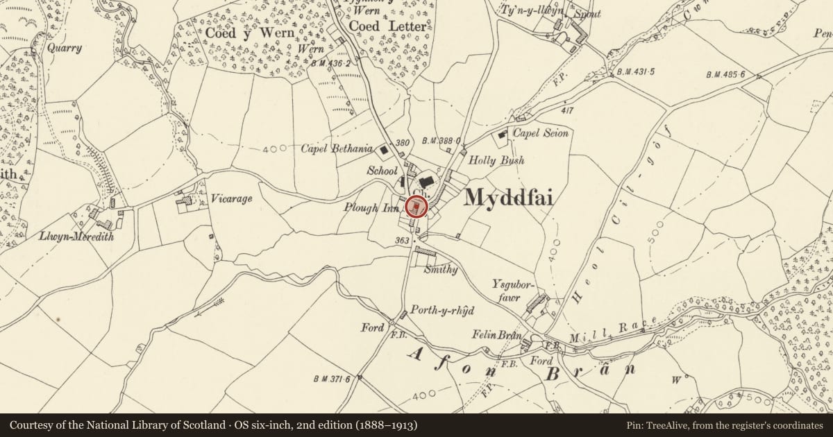 Ordnance Survey six-inch map, 2nd edition (1888–1913) covering the location of The Plough Inn, Myddfai, Carmarthenshire, with a pin at the register's coordinates