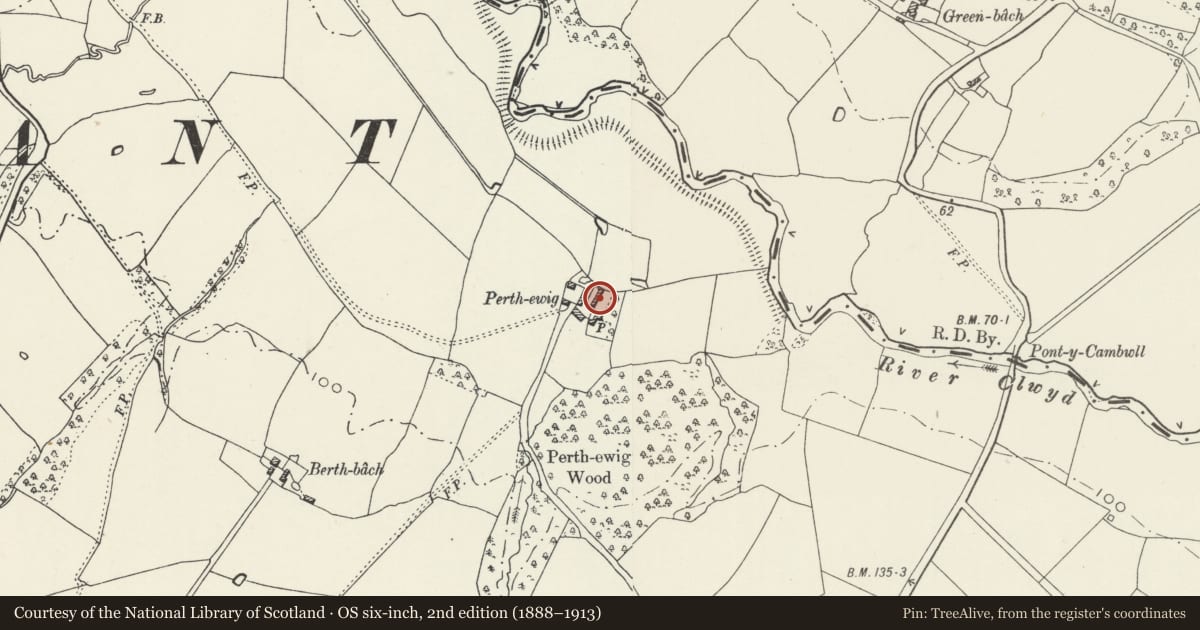 Ordnance Survey six-inch map, 2nd edition (1888–1913) covering the location of Perthewig, Trefnant, Denbighshire, with a pin at the register's coordinates
