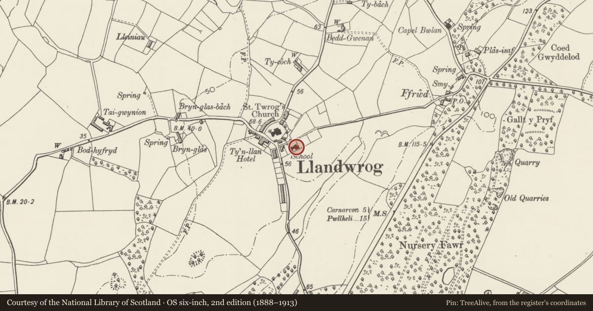 Ordnance Survey six-inch map, 2nd edition (1888–1913) covering the location of Ysgol Llandwrog, Gwynedd, with a pin at the register's coordinates
