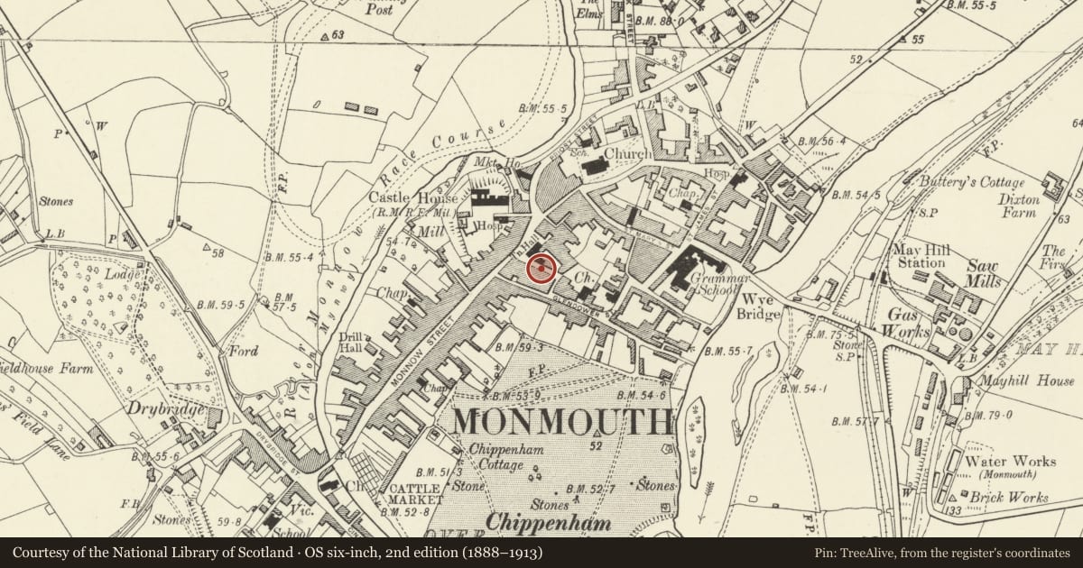 Ordnance Survey six-inch map, 2nd edition (1888–1913) covering the location of Inch Cottage, Monmouth, Monmouthshire, with a pin at the register's coordinates