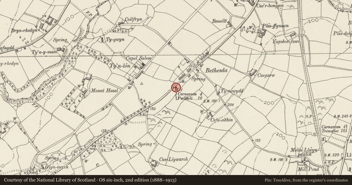 Ordnance Survey six-inch map, 2nd edition (1888–1913) covering the location of Milestone, Llandwrog, Gwynedd, with a pin at the register's coordinates