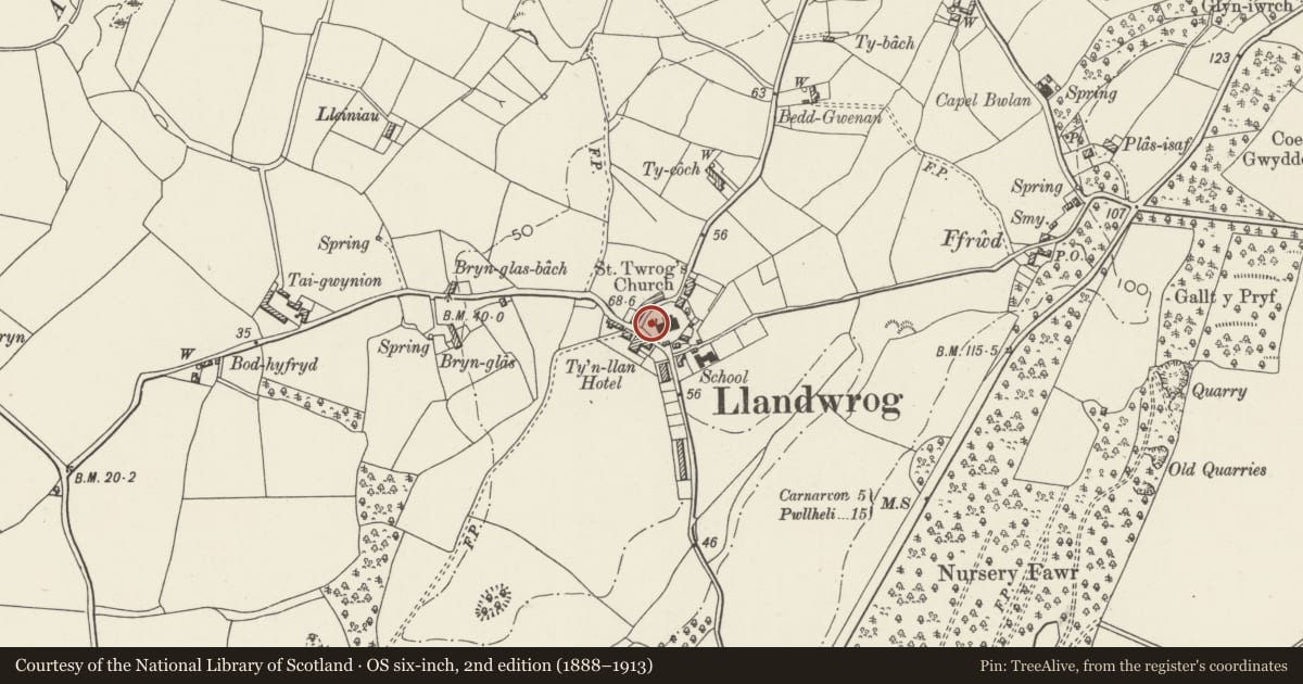 Ordnance Survey six-inch map, 2nd edition (1888–1913) covering the location of Sundial at the Church of St Twrog, Llandwrog, Gwynedd, with a pin at the register's coordinates