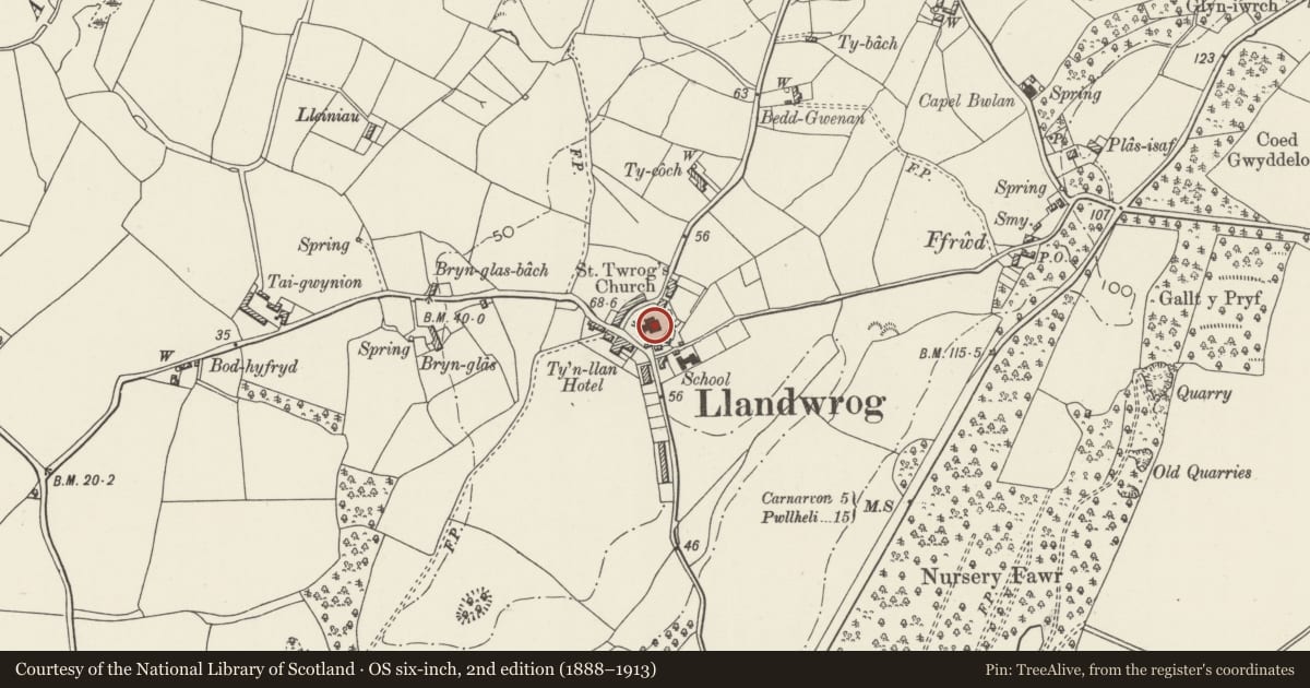 Ordnance Survey six-inch map, 2nd edition (1888–1913) covering the location of Church of St Twrog, Llandwrog, Gwynedd, with a pin at the register's coordinates