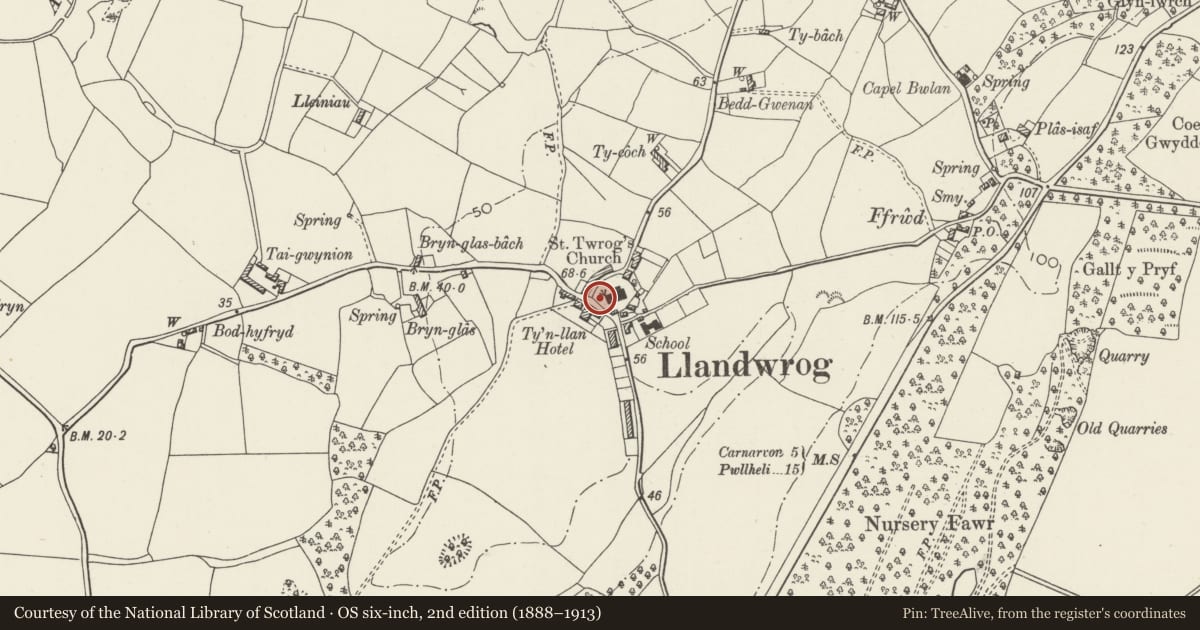 Ordnance Survey six-inch map, 2nd edition (1888–1913) covering the location of Lych-gate and churchyard wall at the Church of St Twrog, Llandwrog, Gwynedd, with a pin at the register's coordinates