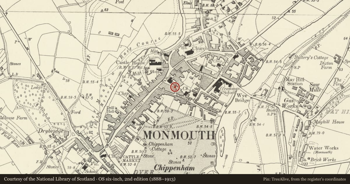 Ordnance Survey six-inch map, 2nd edition (1888–1913) covering the location of 9 Agincourt Street, Monmouth, Monmouthshire, with a pin at the register's coordinates