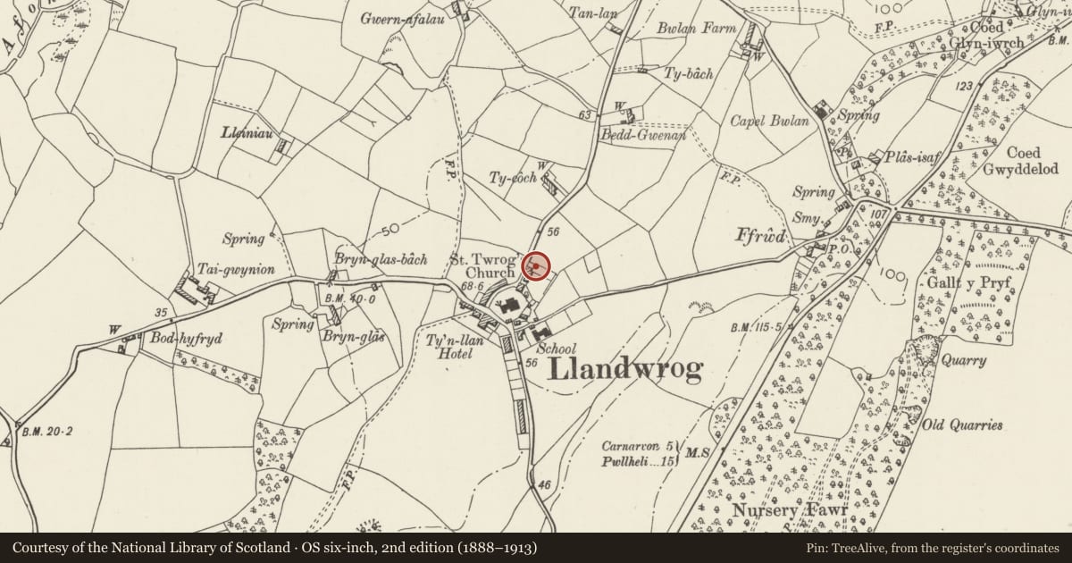 Ordnance Survey six-inch map, 2nd edition (1888–1913) covering the location of No.1 (Sea View), Llandwrog, Gwynedd, with a pin at the register's coordinates