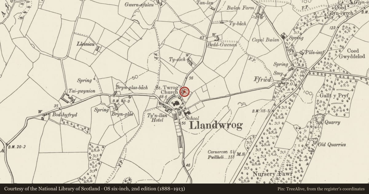 Ordnance Survey six-inch map, 2nd edition (1888–1913) covering the location of No.3, Llandwrog, Gwynedd, with a pin at the register's coordinates