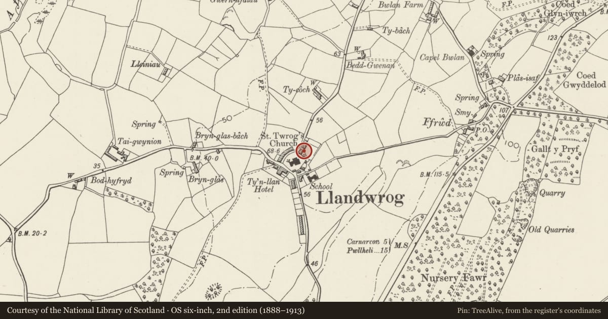 Ordnance Survey six-inch map, 2nd edition (1888–1913) covering the location of Vestry Cottage & Former Vestry, Llandwrog, Gwynedd, with a pin at the register's coordinates