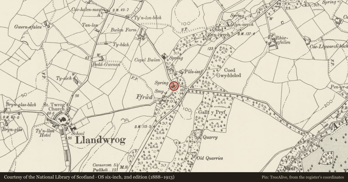 Ordnance Survey six-inch map, 2nd edition (1888–1913) covering the location of Tan-y-groeslon, Llandwrog, Gwynedd, with a pin at the register's coordinates