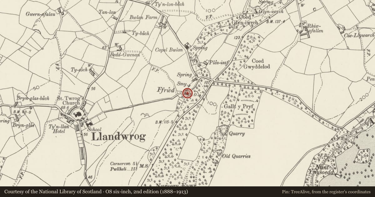 Ordnance Survey six-inch map, 2nd edition (1888–1913) covering the location of Nos.3 & 4 Ffrwd, Llandwrog, Gwynedd, with a pin at the register's coordinates