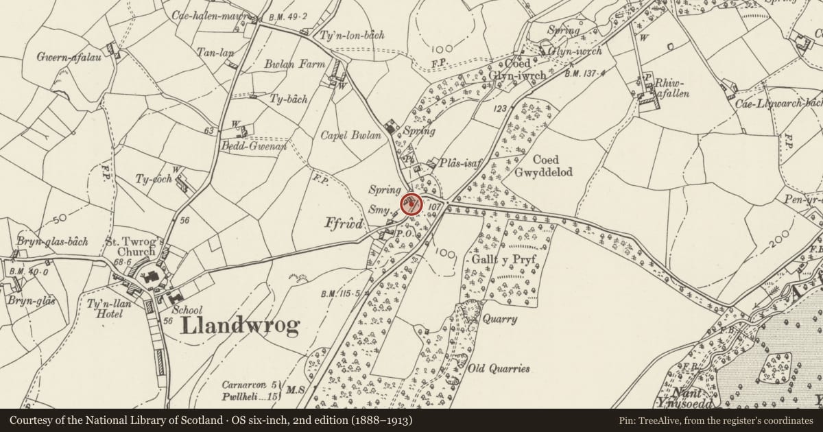 Ordnance Survey six-inch map, 2nd edition (1888–1913) covering the location of Cottage/outbuilding at Tan-y-groeslon, Llandwrog, Gwynedd, with a pin at the register's coordinates