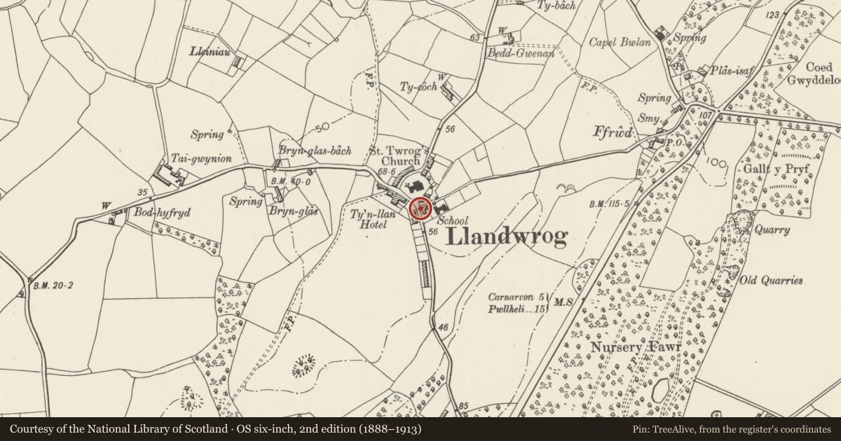 Ordnance Survey six-inch map, 2nd edition (1888–1913) covering the location of Horse Drinking Trough, Llandwrog, Gwynedd, with a pin at the register's coordinates