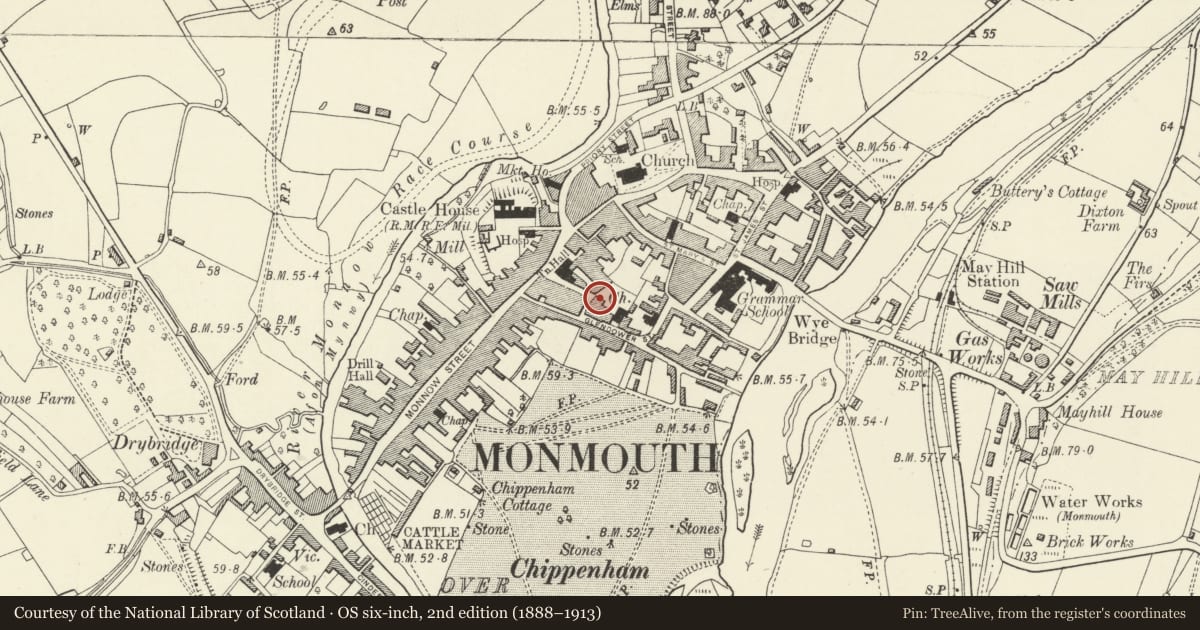 Ordnance Survey six-inch map, 2nd edition (1888–1913) covering the location of 6 Agincourt Street, Monmouth, Monmouthshire, with a pin at the register's coordinates