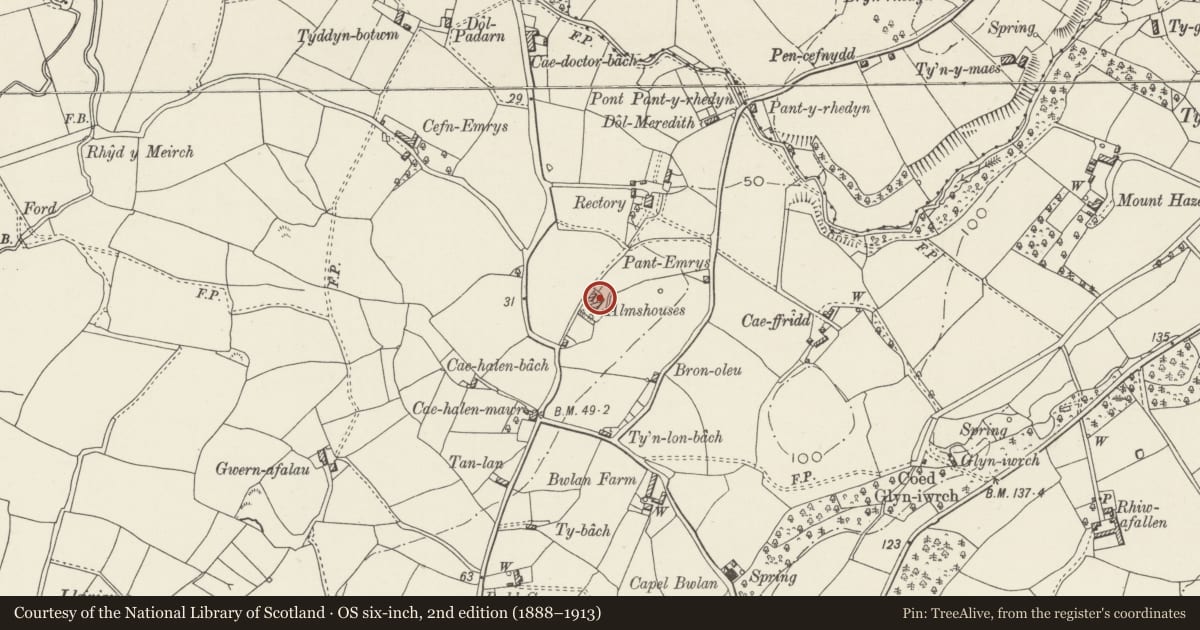 Ordnance Survey six-inch map, 2nd edition (1888–1913) covering the location of Tai Elen Glyn, Llandwrog, Gwynedd, with a pin at the register's coordinates