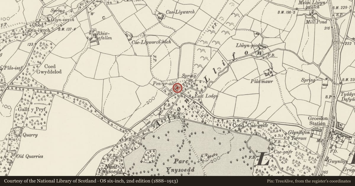 Ordnance Survey six-inch map, 2nd edition (1888–1913) covering the location of Penrallt, Llandwrog, Gwynedd, with a pin at the register's coordinates