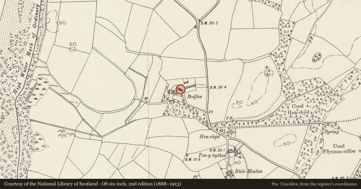 Ordnance Survey six-inch map, 2nd edition (1888–1913) covering the location of Farmhouse at Bodfan, Llandwrog, Gwynedd, with a pin at the register's coordinates