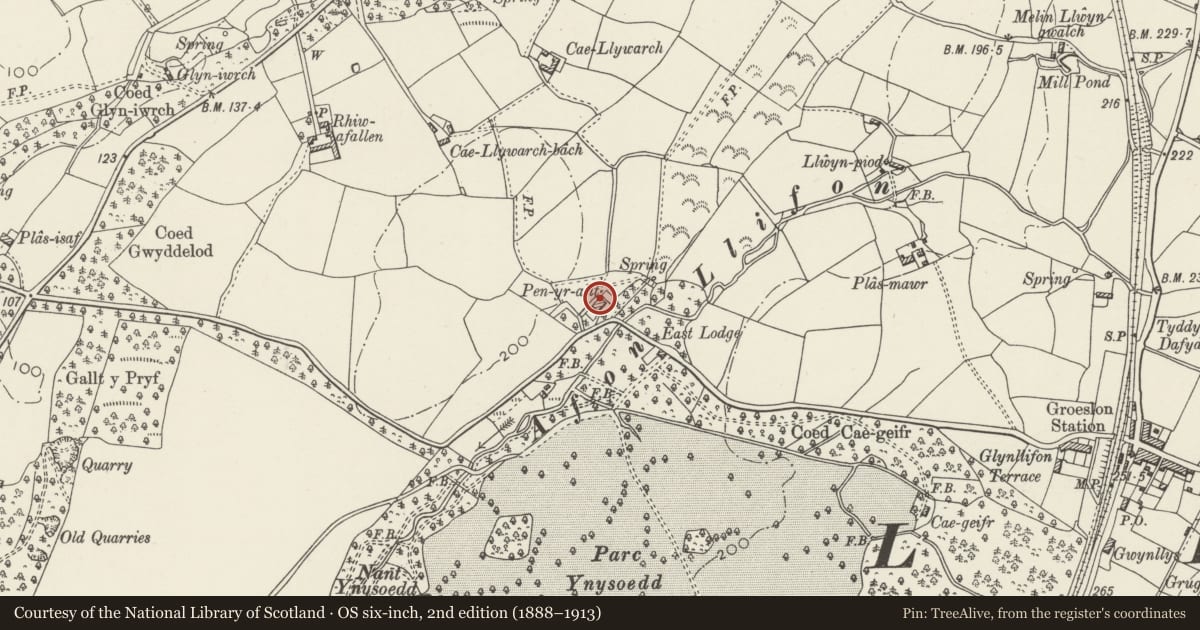 Ordnance Survey six-inch map, 2nd edition (1888–1913) covering the location of Washouses to Nos. 1 & 2 Penrallt, Llandwrog, Gwynedd, with a pin at the register's coordinates