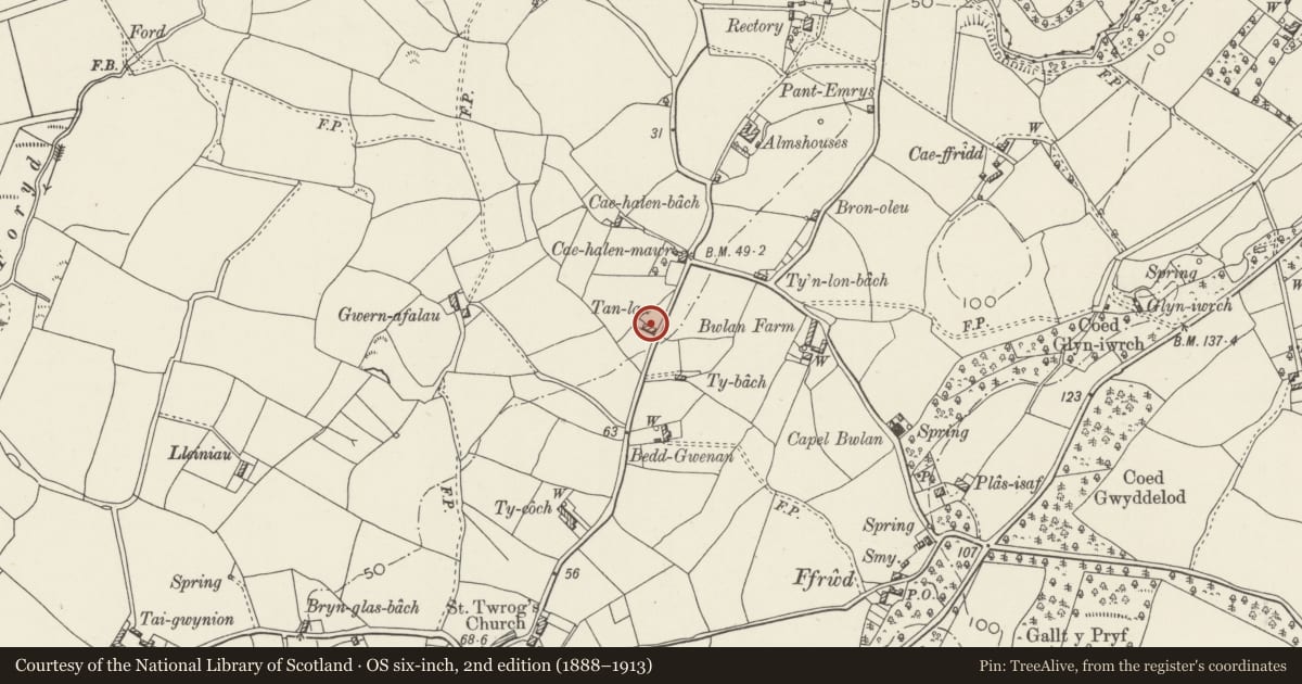 Ordnance Survey six-inch map, 2nd edition (1888–1913) covering the location of Tanlan, Llandwrog, Gwynedd, with a pin at the register's coordinates
