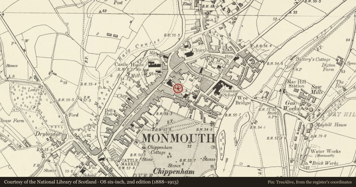 Ordnance Survey six-inch map, 2nd edition (1888–1913) covering the location of Gates and Railings of No. 6, Monmouth, Monmouthshire, with a pin at the register's coordinates