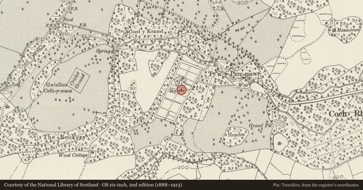 Ordnance Survey six-inch map, 2nd edition (1888–1913) covering the location of The Nursery, Llandwrog, Gwynedd, with a pin at the register's coordinates