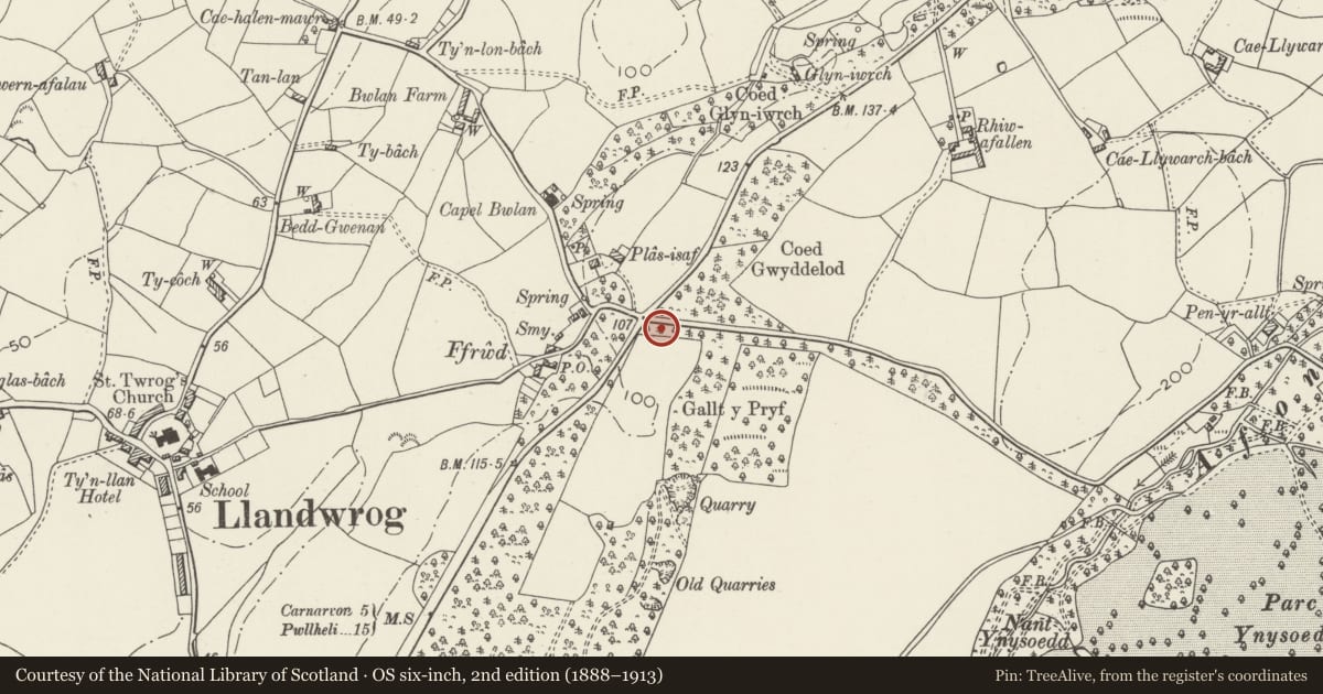 Ordnance Survey six-inch map, 2nd edition (1888–1913) covering the location of North Lodge, Llandwrog, Gwynedd, with a pin at the register's coordinates