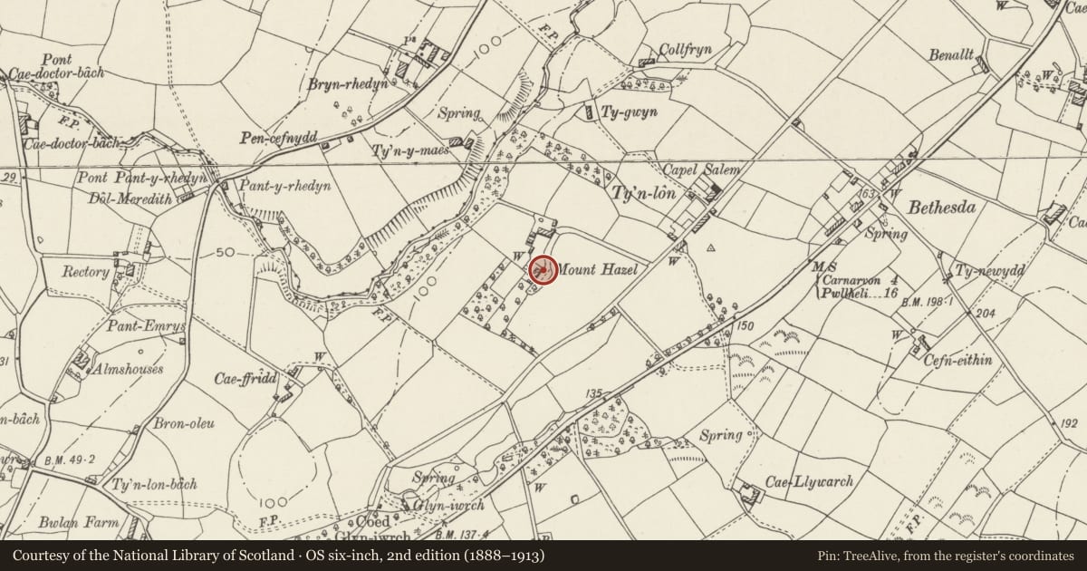 Ordnance Survey six-inch map, 2nd edition (1888–1913) covering the location of Mount Hazel, Llandwrog, Gwynedd, with a pin at the register's coordinates